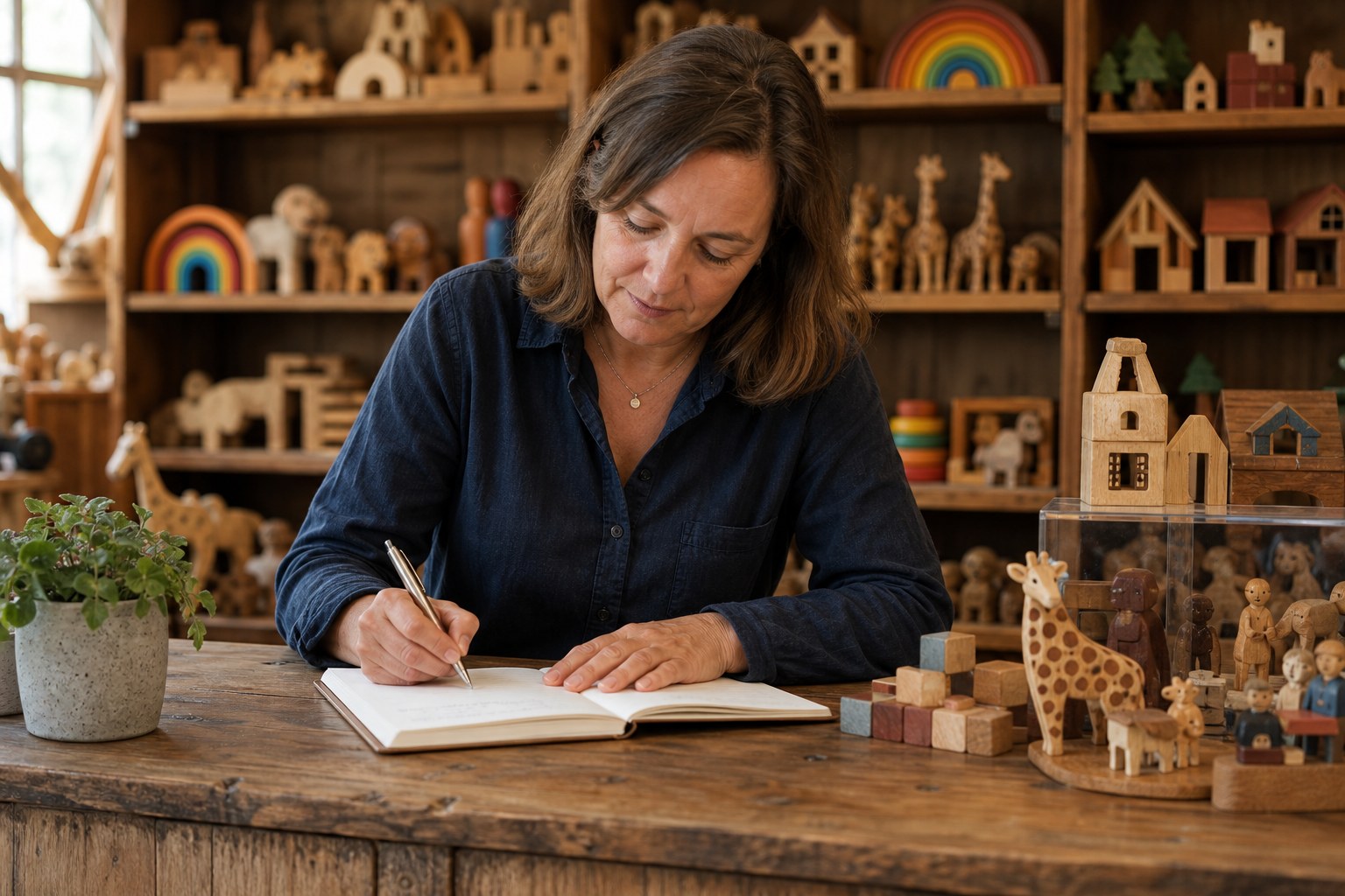 Winkelier schrijft in een schrift aan de toonbank van haar speelgoedwinkel