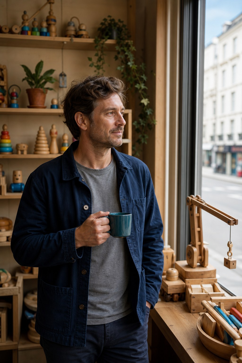 Winkelier met koffie kijkt uit het raam in zijn zaak